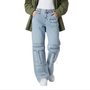 Forever 21 Wide Leg Cargo Jeans Womens Size Medium Blue High Elastic Waist Pants